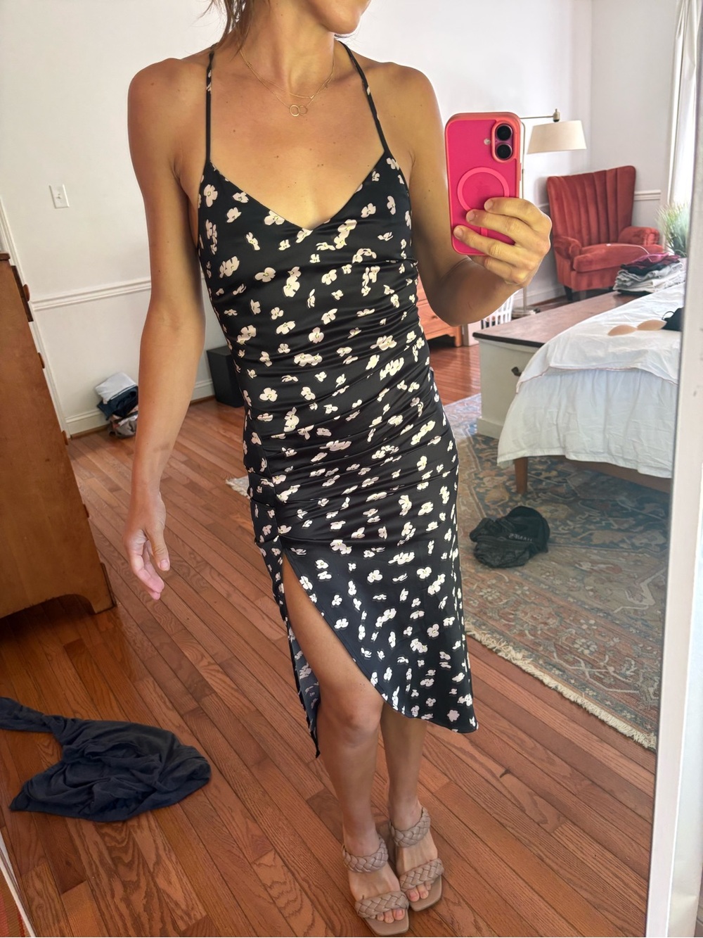 Leith Black Midi Slip Dress with White Floral Print